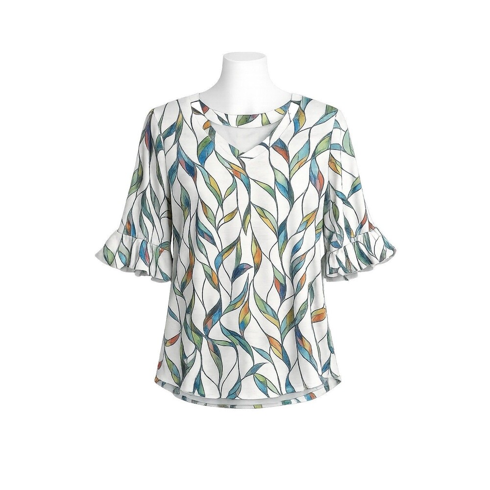 Sampeel Women’s Medium Leaf Print Blouse Ruffle Sleeve V-Neck Stretch Top M